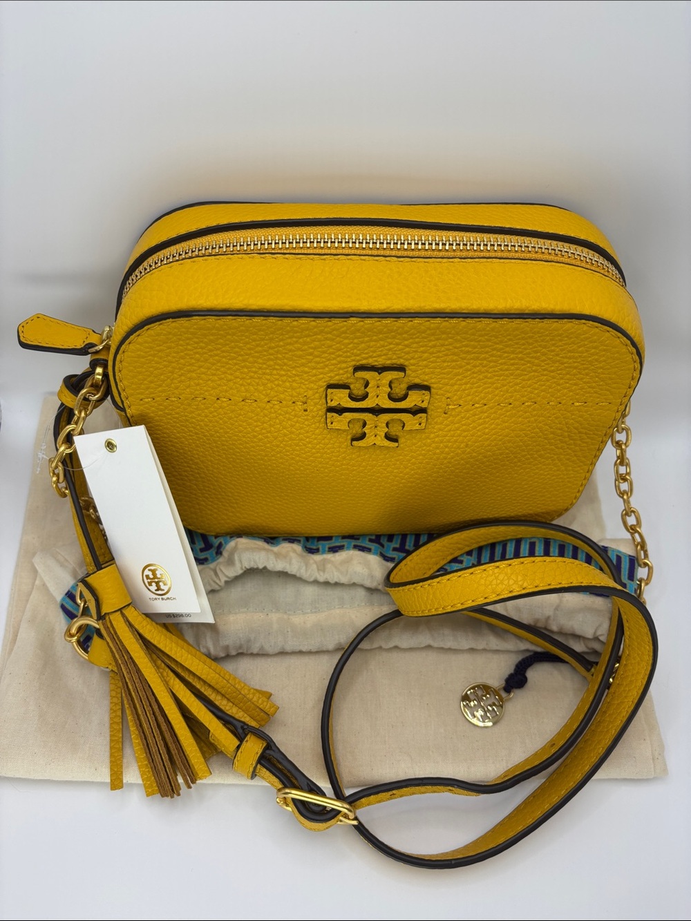 Tory Burch Sunshine Yellow Pebbled Leather Crossbody with Tassel - Picture 2 of 11